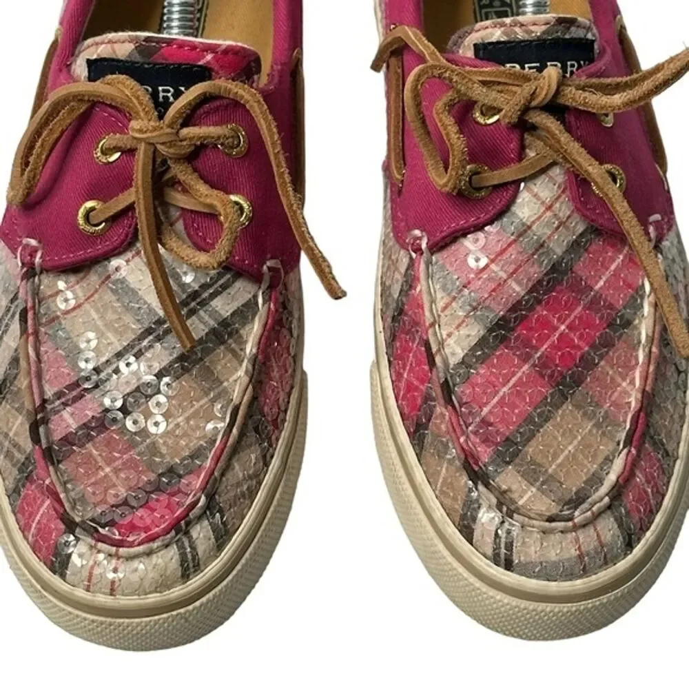 Sperry Bahama Boat Shoes Womens 7M Pink Plaid Fuchsia Sequin Slip On 9448226
